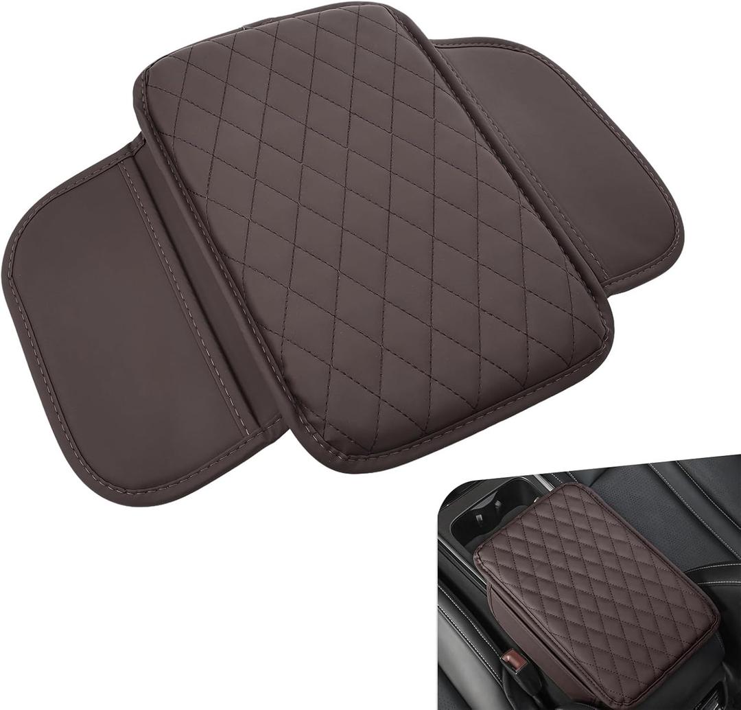 1 PC Car Center Console Cover, Leather Car Armrest Cushion Cover with Side Storage Pockets, Middle Car Interior Accessories, Universal for Trucks, Cars, SUVs (Brown)