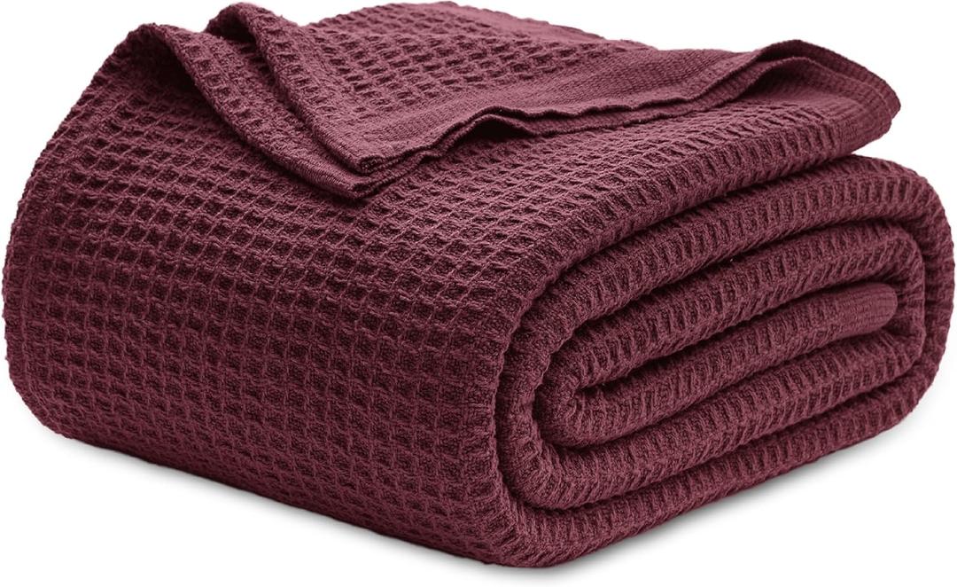 Bedsure Gentlesoft 100% Cotton Blanket Queen Size for Bed - Breathable and Soft for Summer, Thick Cozy Waffle Weave Blanket Gifts for Women, Burgundy, 90x90 Inches