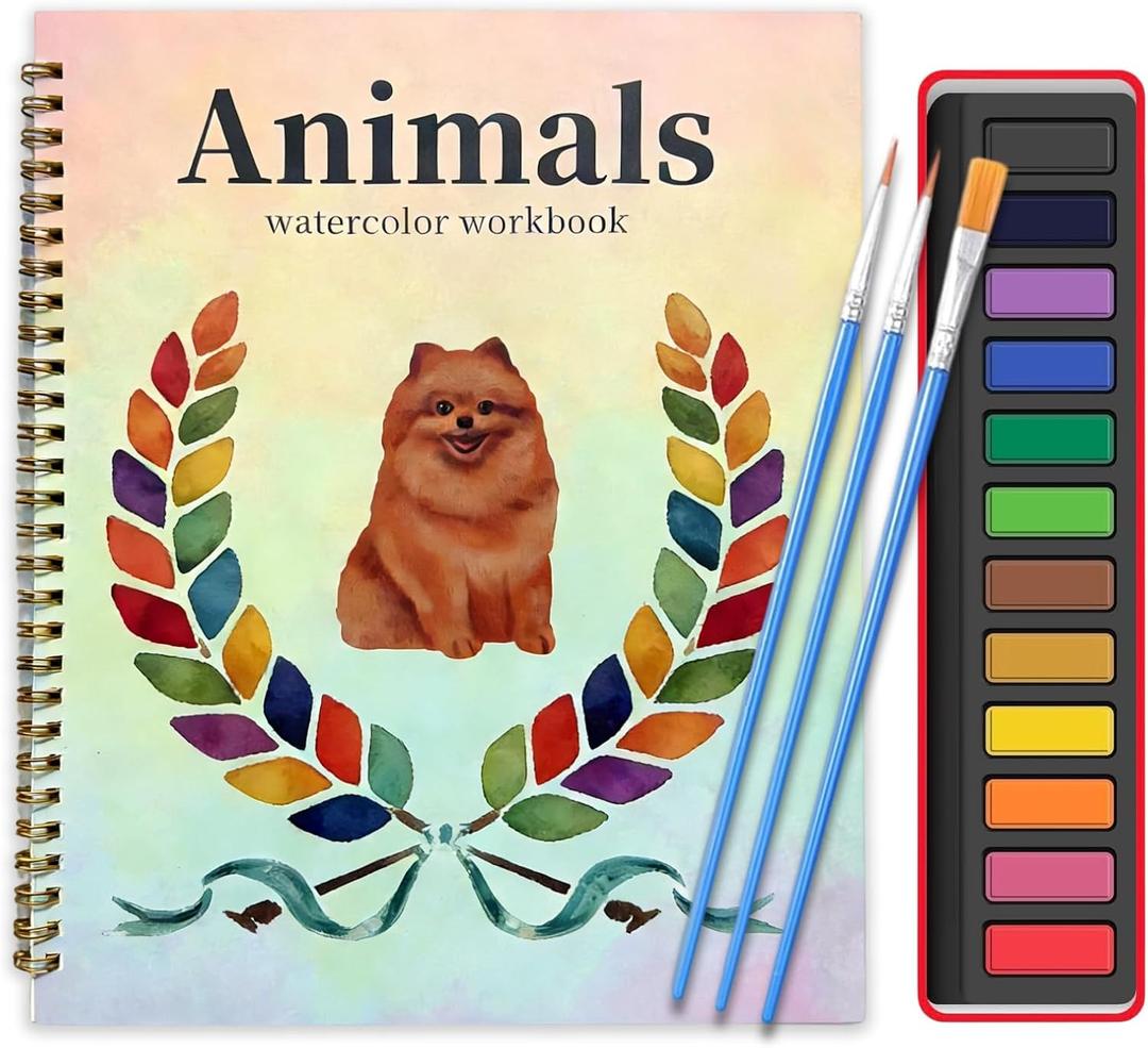 3 x Watercolor Workbook, Large 10.3x8.3” Beginner Friendly Watercolor Painting Kit with Thick Paper & 3 Brushes Included, Bird, Animal, Ocean & Flower Themes