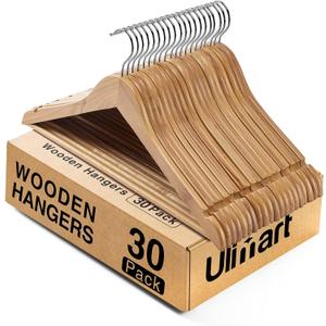 Wooden Hangers - 30 Pack Solid Wood Clothes Hangers with Bar for Closet (Natural)
