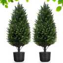 2.3FT Artificial Cedar Trees for Outdoors Planters,Set of 2 Potted Topiary Trees Faux Cypress Tree Outdoor Indoor Fake Pine Tree Artificial Bushes with Pot for Front Porch Garden Spring Decor