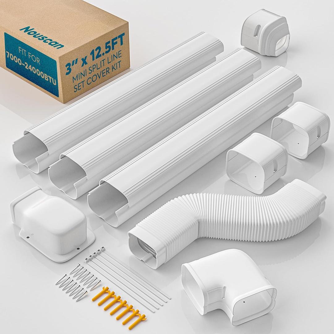 3" 12.5Ft Mini Split Line Set Cover with Flexible Duct, Long Duct Cover Kits - Paintable Minisplit Lineset Cover Kit, AC Line Hide for Mini-Split, Air Conditioner, Central AC, HVAC, White