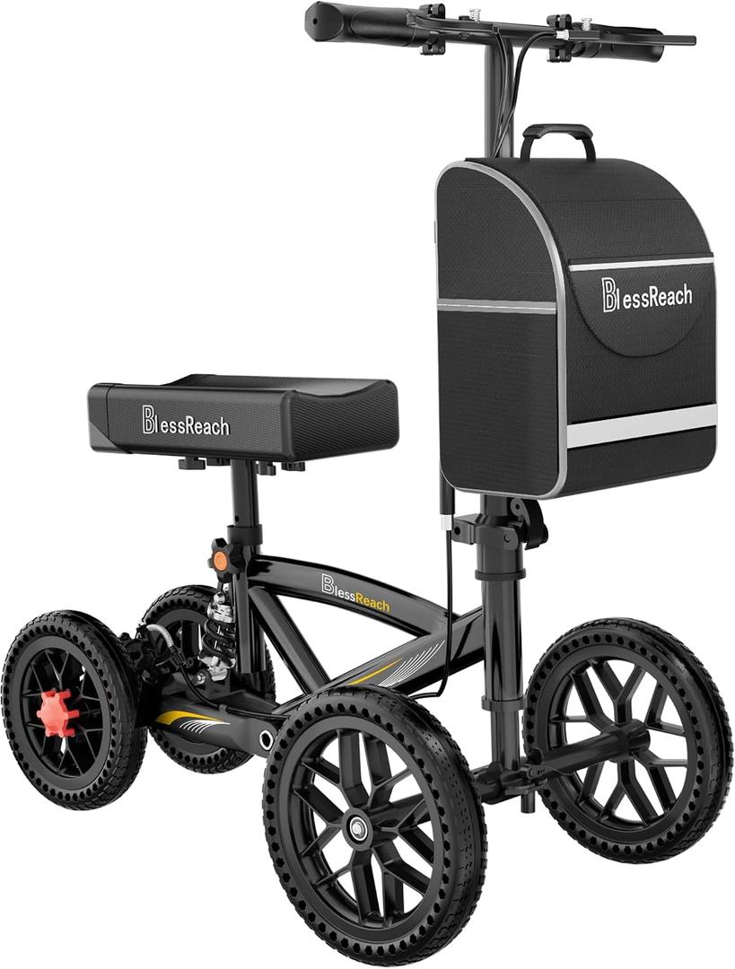 BlessReach 350 Lbs Capacity Foldable All Terrain Knee Scooter Walker - Economical Foot Injury Crutch Alternative - Black