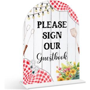 Please Sign Our Guestbook Sign - BBQ Baby Shower Sign, 1 Pack Arch Acrylic Sign with Stand, Gender Reveal Party Table Decor, Backyard Baby Shower Supplies (SE40)