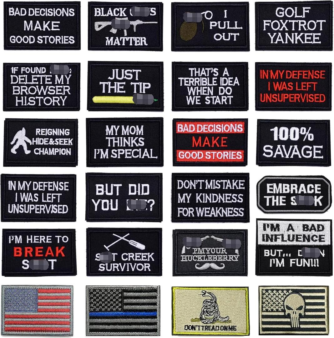 Tactical Morale Embroidered Patch,24pcs Military Funny Slogan Hook and Loop Patches for Cap,Bag,Backpack,Hat,Helmet,Gear,Uniform,Motorcycle Biker Vest