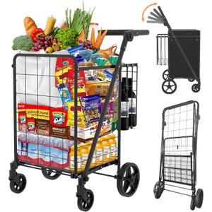 JIALIJIU Grocery Cart on Wheels with Adjustable Handle, Waterproof Bag, 10-min Assembly Heavy-Duty Foldable Shopping Cart for Apartments, Laundry, Camping, Max Load 320 LBS, Black