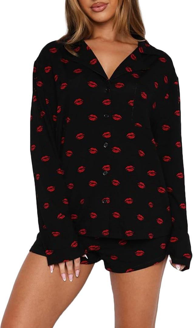 Women 2 Piece Pajamas Set Button up Long Sleeve Shirt and Shorts Lounge Set (L)