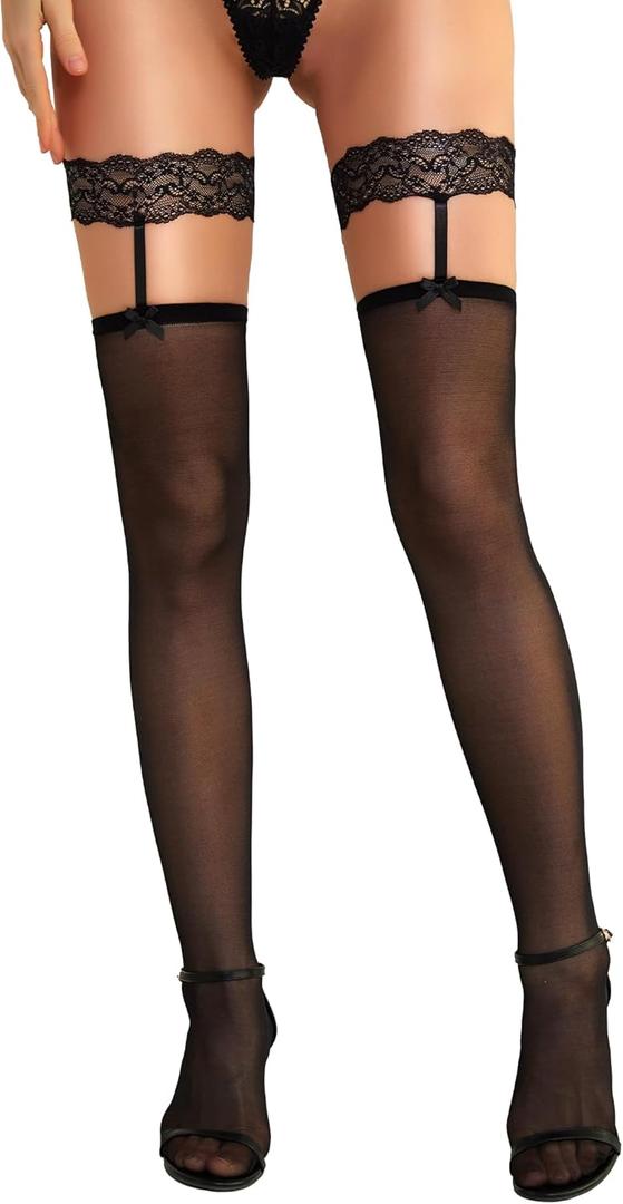 RSLOVE Women's Thigh High Stockings - Silicone Lace Top Sheer Stocking Sexy Bow Suspenders Pantyhose (Black)