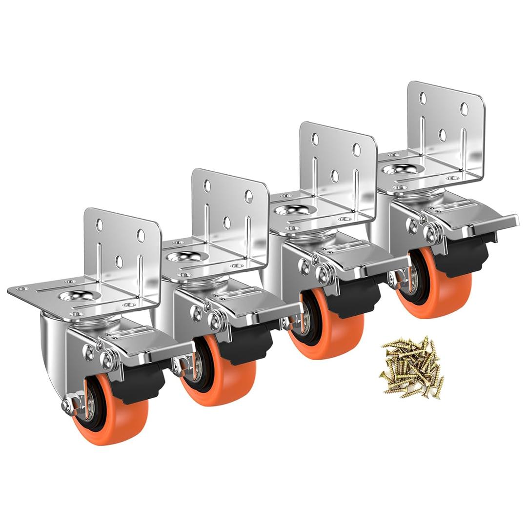 2inch L-Shaped Caster Wheels, Side Mount Casters Set of 4, Heavy Duty Casters with Brake, Double Bearing Locking Polyurethane(PU) Wheels for Baby Beds/Cabinets/Furniture4 Pack