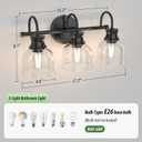 3 Lights Bathroom Vanity Light Fixtures, Matte Black Traditional Classic Vanity Light with Clear Glass, Bathroom Lighting Fixtures Over Mirror
