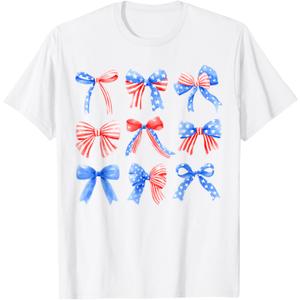 Coquette Bows Red White Blue USA Flag 4th Of July Women Girl T-Shirt