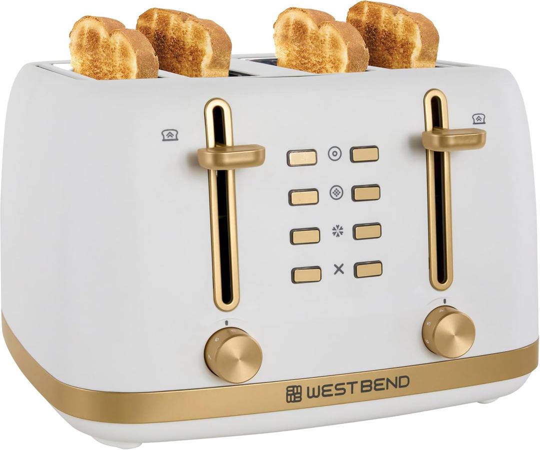 West Bend Timeless 4-Slice Toaster with 7 Browning Levels, Bagel/Waffle/Defrost Settings, High-Lift Lever, Anti-Jam, Easy-Clean Crumb Tray, 4-Slice, White/Gold