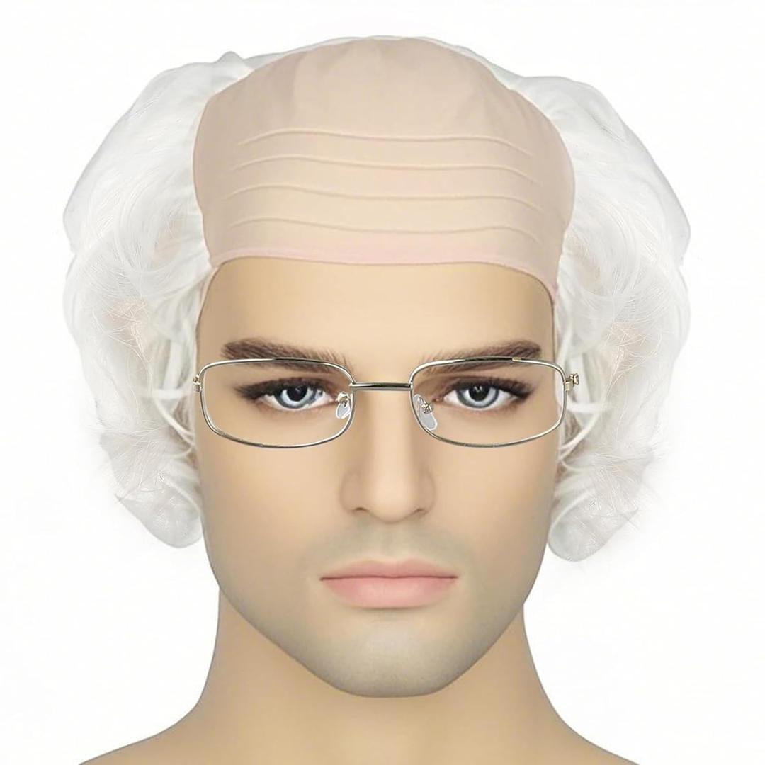 Gvhntk Short Curly Old Man Bald Cap Wig Mad White Scientist Synthetic Balding Halloween Anime Cosplay Costume Wigs