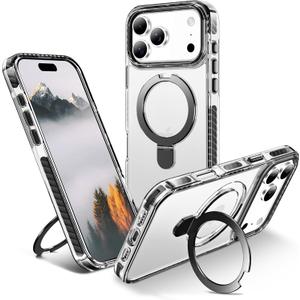 UMIONE for iPhone 17 Pro Max Clear Magnetic case with Stand and Finger Ring, Compatible with magsafe, Shockproof Transparent Hard Plate, Full Body case, Universal for Boys and Girls 6.9 - Black
