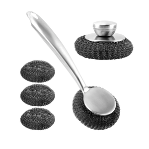 1 Long Handle Steel Wool Scrubber with 1 Short Handle Stainless Steel Scrubber and 3 Replacement Steel Scrubber for Cleaning Tableware and Cooking Tools(Color:as Shown)