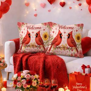 18x18 Inch Set of 2 Valentines Pillow Covers Welcome Red Birds Heart Floral Throw Pillow Covers for Valentines Day Bedroom Sofa Romantic Holiday Home Decor Gift