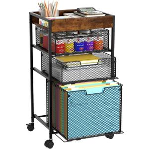 SWTYMIKI Rolling File Cart with Drawers - 4 Tier Under Desk Storage Craft Rolling Organizer Cart - Office Storage &Organization, Mobile Metal Filing Cabinet for Office and Home Espresso