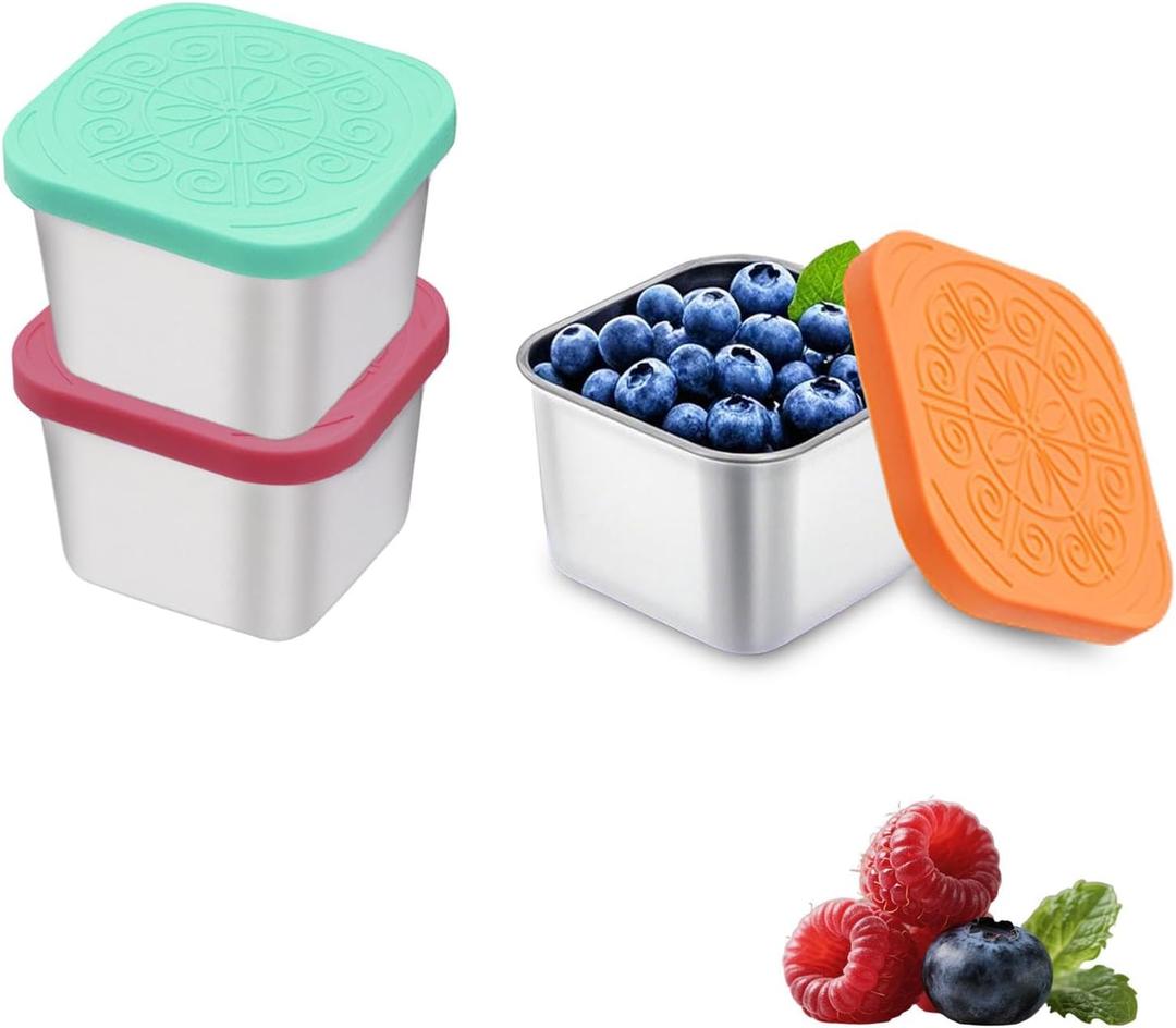 2 x 304 Premium Stainless Steel Snack Containers with Silicone Lids, Snackle Box Containers, Easy-Open Leak-Proof Kids for Taking Out for a Picnic, Lunch Box and Travel. (Red Orange Blue-3, 6 OZ)