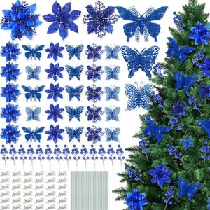122 Pcs Christmas Glitter Poinsettia Artificial Flowers Berry Picks Butterfly Christmas Tree Ornaments 3 Styles Poinsettia kit with Clip for Xmas Wreath Home Tree Decor(Royal Blue)