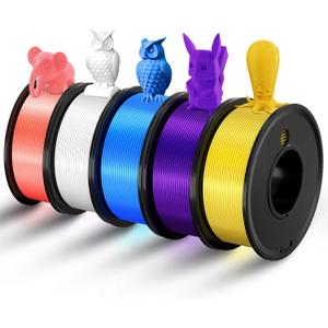 3D Printer Filament PLA 1.75mm 3-D Printing Materials 5 Colors Bundle Print Filimate 1.75 mm White Yellow Pink Blue Purple Filiment1.75 Accuracy ±0.02mm Fillament Spool Vacuum Pack 250G X 5