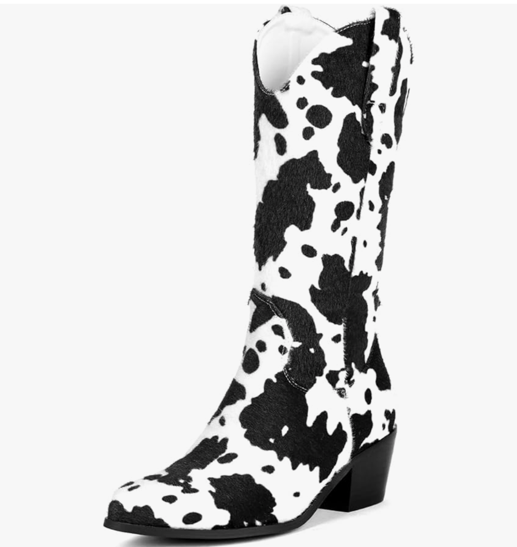 Cozivwaiy Women Mid Calf Cowboy Boots Chunky Heel Half Boot Cow Print Western Boots Plus SIZE 8
