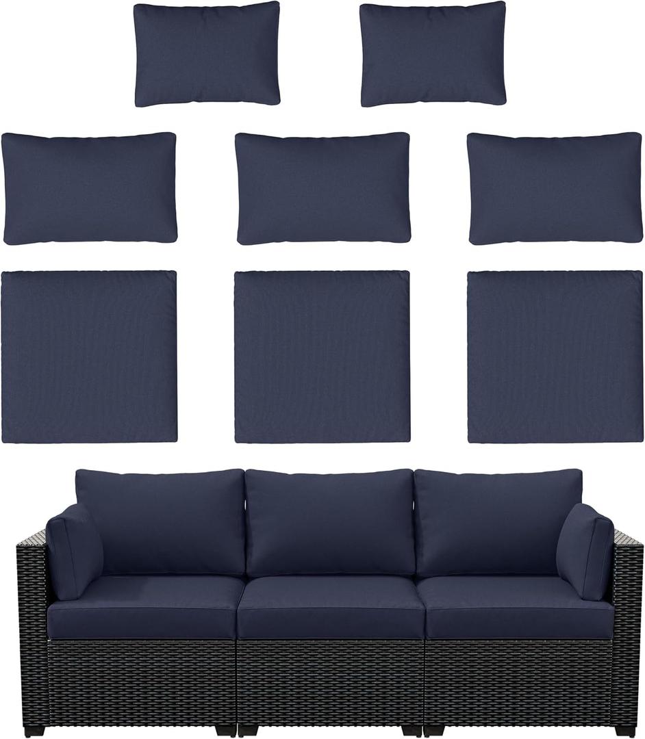 8p Outdoor Cushion Slipcovers Outdoor Patio Cushions Covers Replacement Waterproof with Zipper for 3-Seat Outdoor Rattan Sofa Patio Furniture Cushion Covers Navy Blue, Covers Only