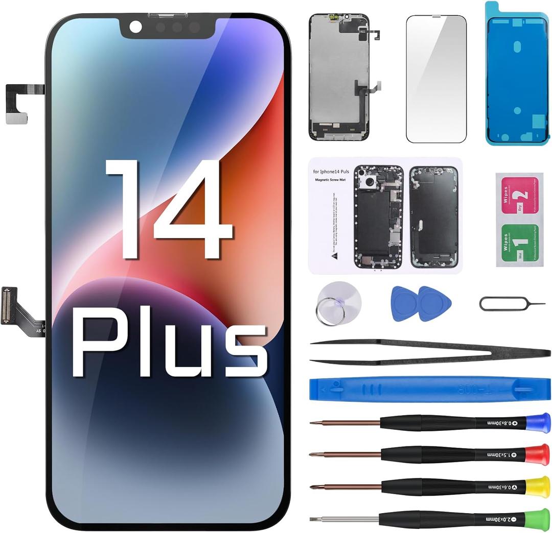 for iPhone 14 Plus Screen Replacement with Earpiece Flex Cable Proximity Sensor LCD Touch Display Digitizer Full Assembly with Waterproof Adhesive Repair Tools Kits A2632 A2885 A2886 A2887