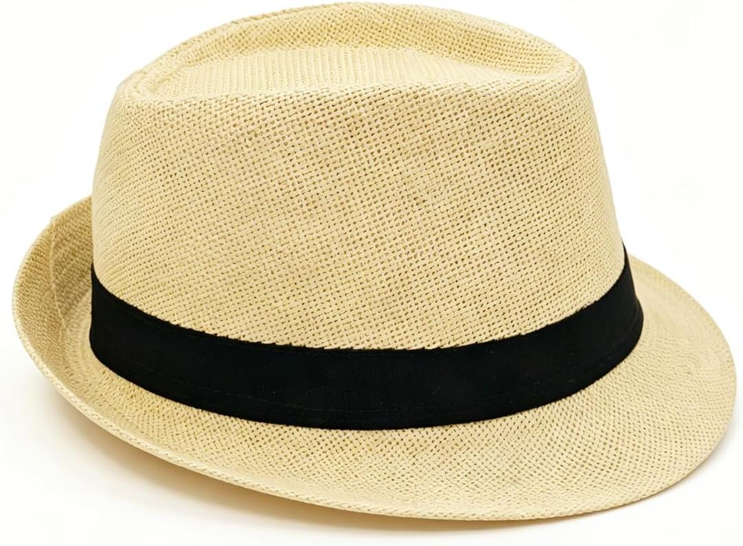 Straw Fedora Hat for Men Summer Short Brim Panama Hat Beach Casual (Beige)