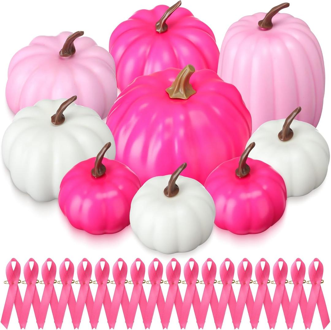 Breast Cancer Awareness Decorations 9 Pcs Pink Artificial Pumpkins 50 Pink Ribbon Satin Pins Rose Red Faux Foam Pumpkins for Women Charity Event Survivor Campaign Favors Supplies