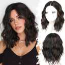 Black Mix Brown Short Wavy Wig for Women Lace Hairline Bob Style Synthetic Heat Resistant - Natural Appearance for Everyday Hairstyle 14 Inch