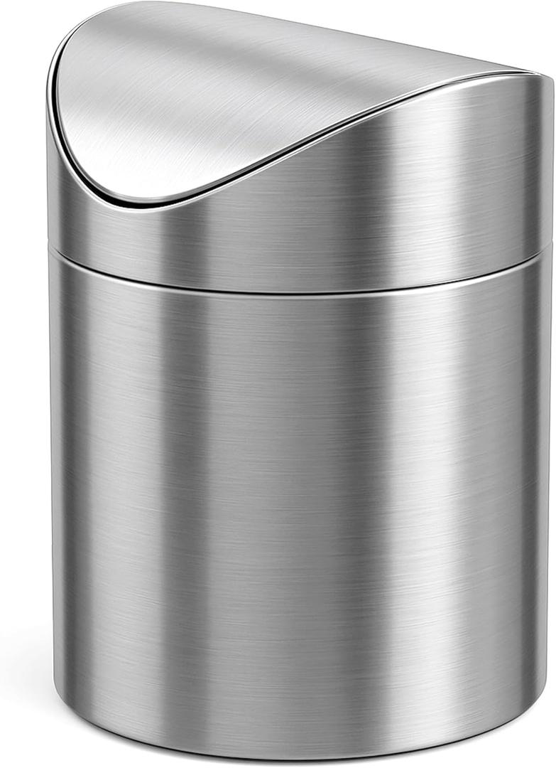 Small Mini Trash Can with Lid, Brushed Stainless Steel Small Tiny Mini Trash Bin Can, Mini Countertop Trash Cans for Desk Office, Swing Top Trash Bin 1.5 L/0.40 Gal (Silver)