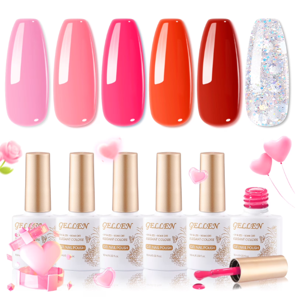 Gellen Gel Nail Polish Kit, 6 Colors Baby Pink Burgundy Rose Red Glitter Silver Gel Polish, Soak Off Nail Gel Manicure Set, Valentine Gift for Women DIY Nail Art
Gellen Gel Nails, Manicure Set Valentine's Day