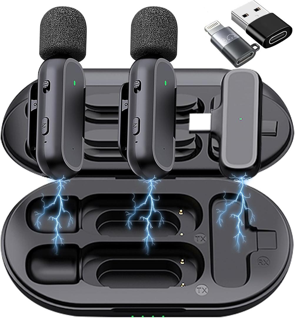 2 Pack Professional Wireless Lavalier Microphone for iPhone iPad Android with Charging Case Noise Reduction Plug-Play Clip on Lapel Mic for Video Recording Vlogging, YouTube, Interview, Live Streaming (Black)
