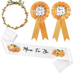 Xinnun 4 Pieces Little Cutie Citrus Mom to Be Sash Baby Shower Decoration Themed Sash for Mommy and Dad Corsage Pin with Sage Green Leaf Flower Crown for Baby Shower Party Favor Gender Reveal (Orange)