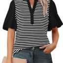 BTFBM Puff Sleeve Tops for Women Dressy Summer Vacation Outfits 2025 V Neck Casual Button Up Shirts Loose Striped Blouse (S)