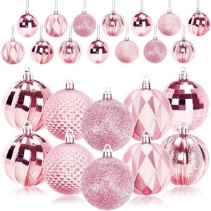 JULMELON 24PCS Large Christmas Balls Ornaments,60mm/2.4 in Shatterproof Plastic Decorative Xmas Tree Ornaments, Assorted Christmas Ball Ornaments for Wedding Mothers Day Party Decorations (Pink)