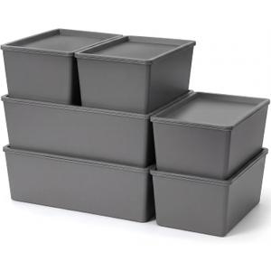 Menkxi 6 Pcs Plastic Storage Bins with Lids Stackable Storage Containers Durable Box Baskets for Organizing Shelves Playroom Classroom Office (Large and Small,Grey)