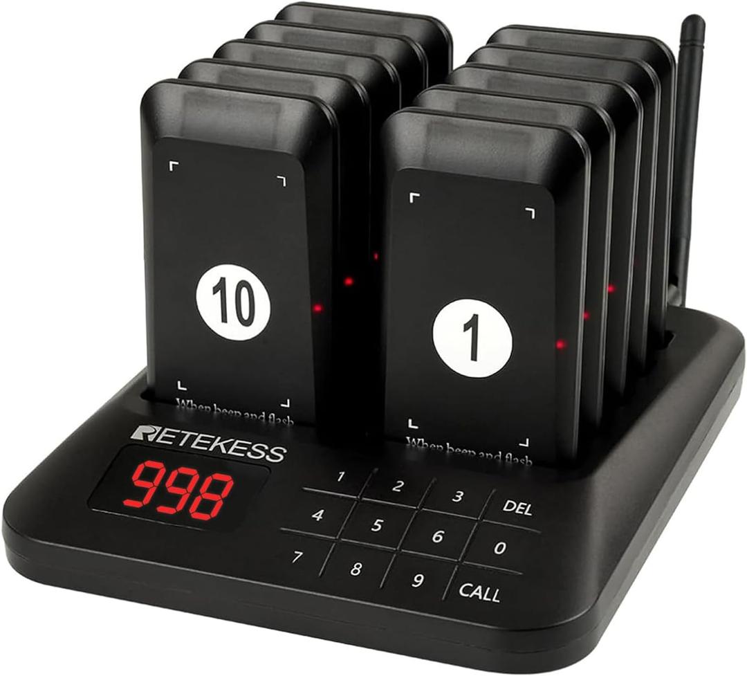 Retekess TD157 Vibrating Pager System, Buzzers for Restaurant, 984ft Long Range, Set with Vibration, Flashing and Buzzer, 10 Pagers and Beepers for Food Truck, Bars, Food Court