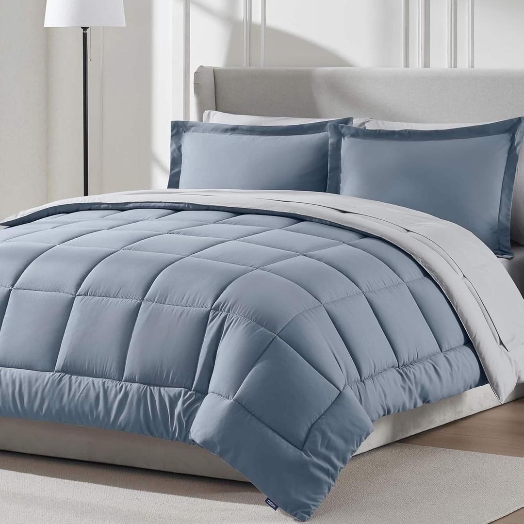 Nestl 7 Piece Full Comforter Set – Stone Blue Reversible Bed in a Bag – Complete Full Size Bedding Set with Sheets, Pillowcases and Shams