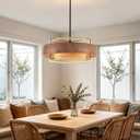 24" Farmhouse Rattan Chandelier, 4-Lights Large Boho Wood Texture Chandelier, Adjustable Rustic Hanging Light Fixtures for Dining Room Kitchen Island Living Room Bedroom Hallway