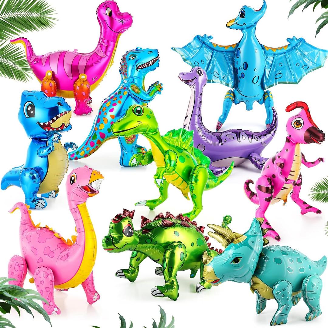 10 Pcs Giant Dinosaur Balloons 4d Dino Aluminum Foil Self Standing Dino Balloons Dinosaur Inflatable Birthday Decorations for Jungle Theme Party(Colorful)