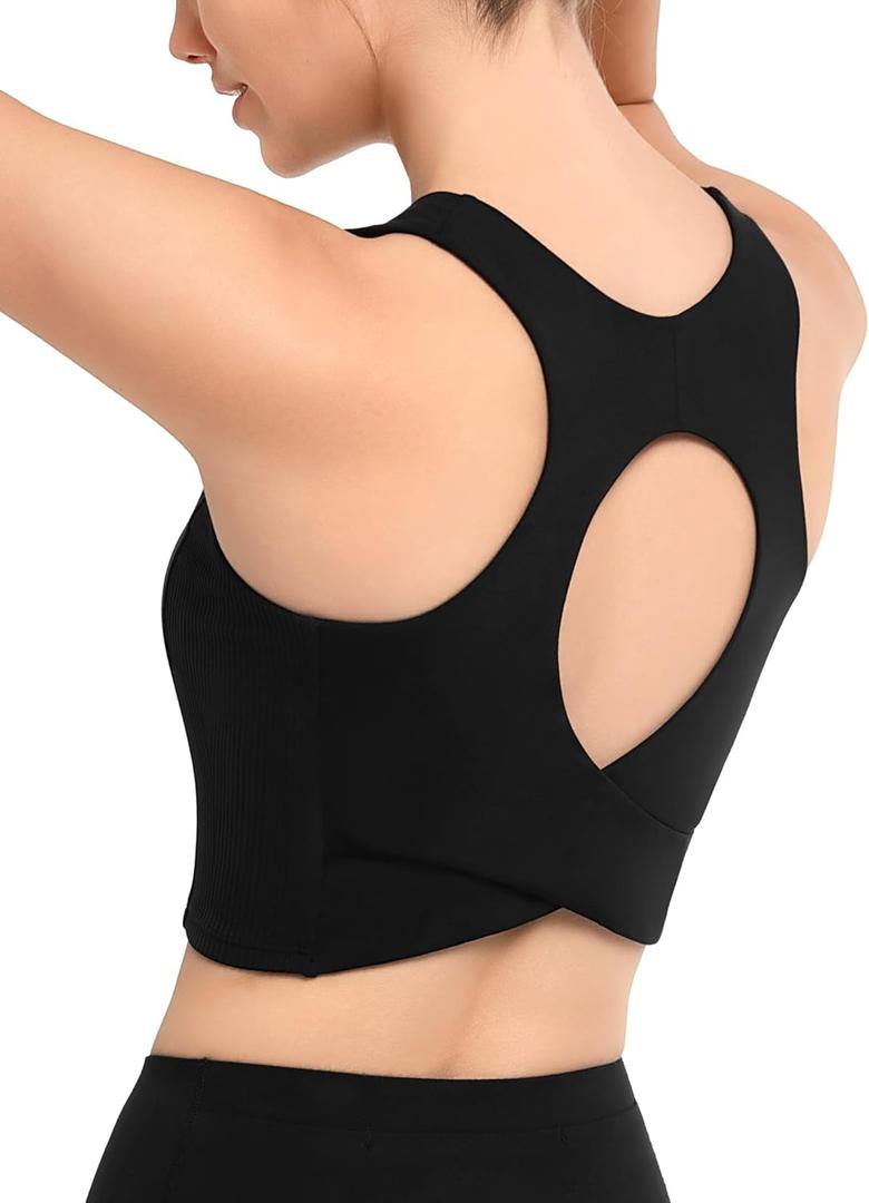 Yvette Comfortable Yoga Sports Bra Scoop Neck with Built-in Bra and Round Back Cutout Workout Top (Medium, Black)