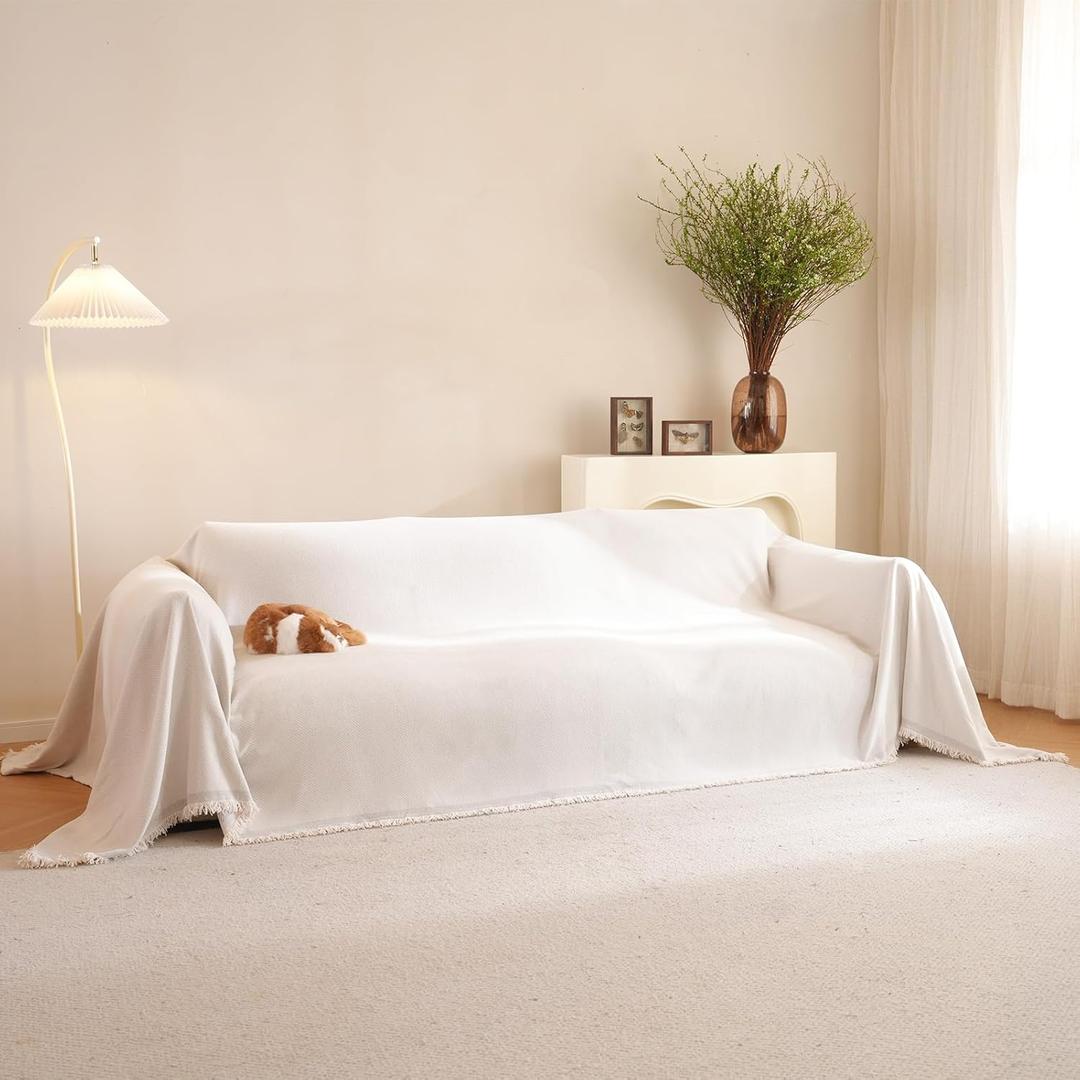 Chenille Herringbone Textured Sofa Cover for 2 Cushion Couch Throw Cover with Tassel Couch Cover for Dogs Washable Furniture Protector for Pets, Kid(Ivory White, Large, 71" x 118") (Large, 71"x118")