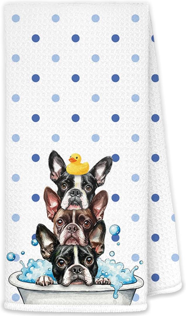 JINYO Funny French Bulldog Decorative Hand Towels, Gifts for French Bulldog Lovers, Kids Bathroom Decor, Frenchie Mom Gifts, Rubber Duck Frenchie Dog Hand Towels for Washroom Spa Gym Yoga, 16x24 Inch