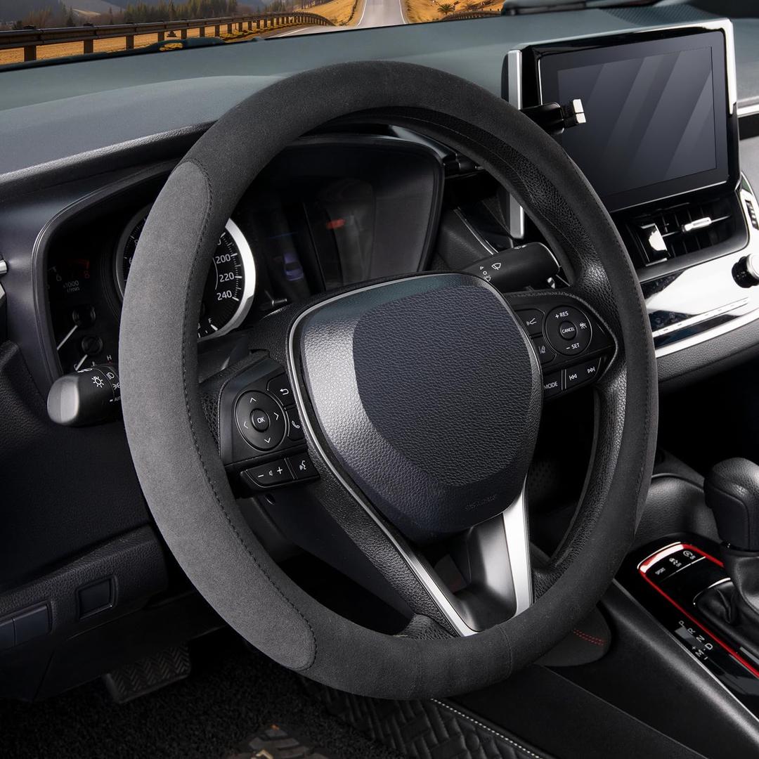 COFIT 15 inch Microfiber Suede Car Steering Wheel Cover, Universal Anti-Slip Grip Protector for SUV Truck, Black & Grey (Medium(Standard) Size[14.5"-15"])