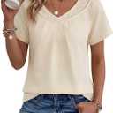 Falechay Women's Blouses Summer Short Sleeve Boho Tops V Neck Pleated Casual Flowy Loose Fit Cute Basic Tunic (L)