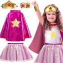 iROLEWIN Wonder Star Superhero-Costumes for Girls Dress-Up Super-Hero-Capes for Kids Tiara Tutu as Christmas Birthday Gifts (Rose Yellow)