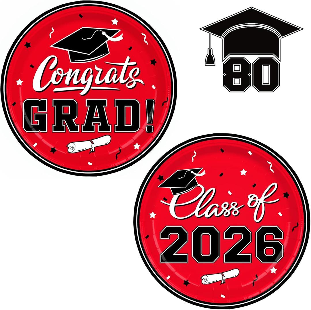 Graduation Party Supplies 2026 Graduation Party Dinnerware Red Disposable Paper Plates for Congrats Grad Party Decorations, Serve 80