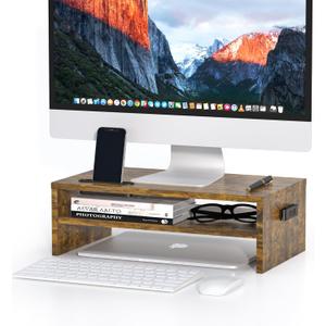 BONTEC Wooden Monitor Stand Riser, 2-Tier Desk Shelf with Storage Organizer, Ergonomic Computer Stand with Cable Management, Cellphone Holder, Vintage Brown, 16.5 Inch