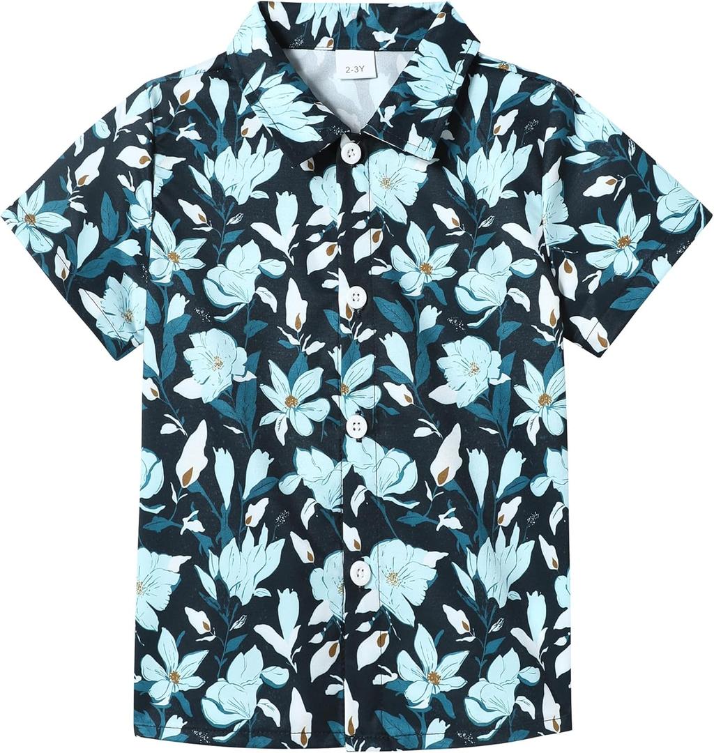 YALLET Boys Hawaiian Shirt Cool Summer Hawaii Shirts Casual Short Sleeve Button Down Aloha Beach Tee Tops (7-8 Years, Navy Blue)